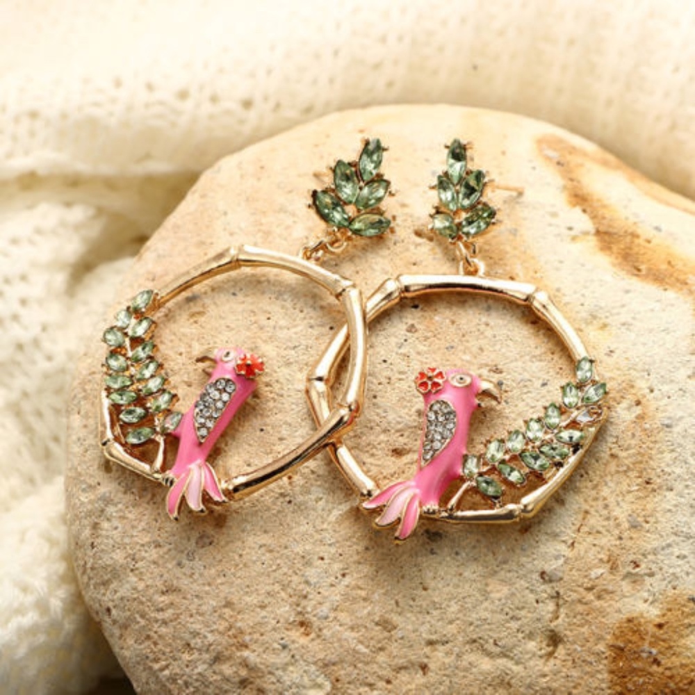 Bamboo Parrot Rhinestone Leaflet Hexagon Earrings